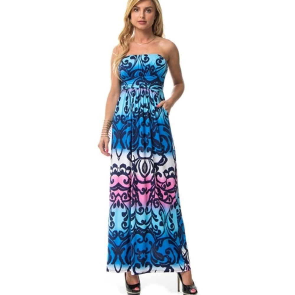 STRAPLESS MAXI BLUE PRINT WOMEN DRESS MADE IN USA